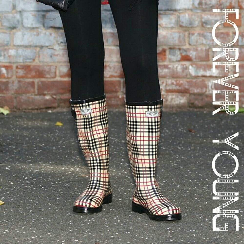 Women's Rainboots, Rubber Tall Rain Boots, RB-1417, Checkered Plaid, Size 6